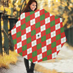 White Green And Red Argyle Pattern Print Foldable Umbrella