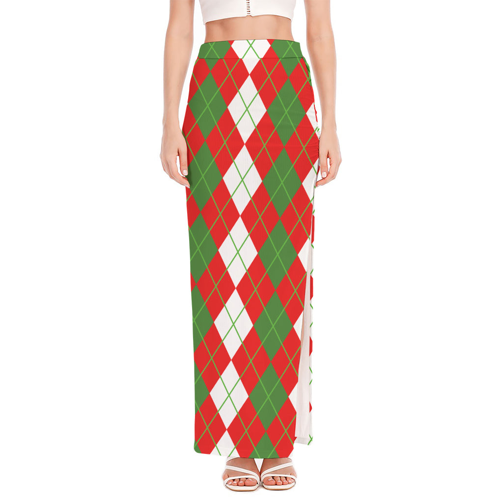 White Green And Red Argyle Pattern Print High Slit Maxi Skirt