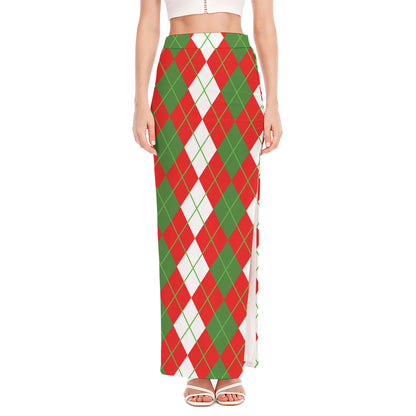 White Green And Red Argyle Pattern Print High Slit Maxi Skirt
