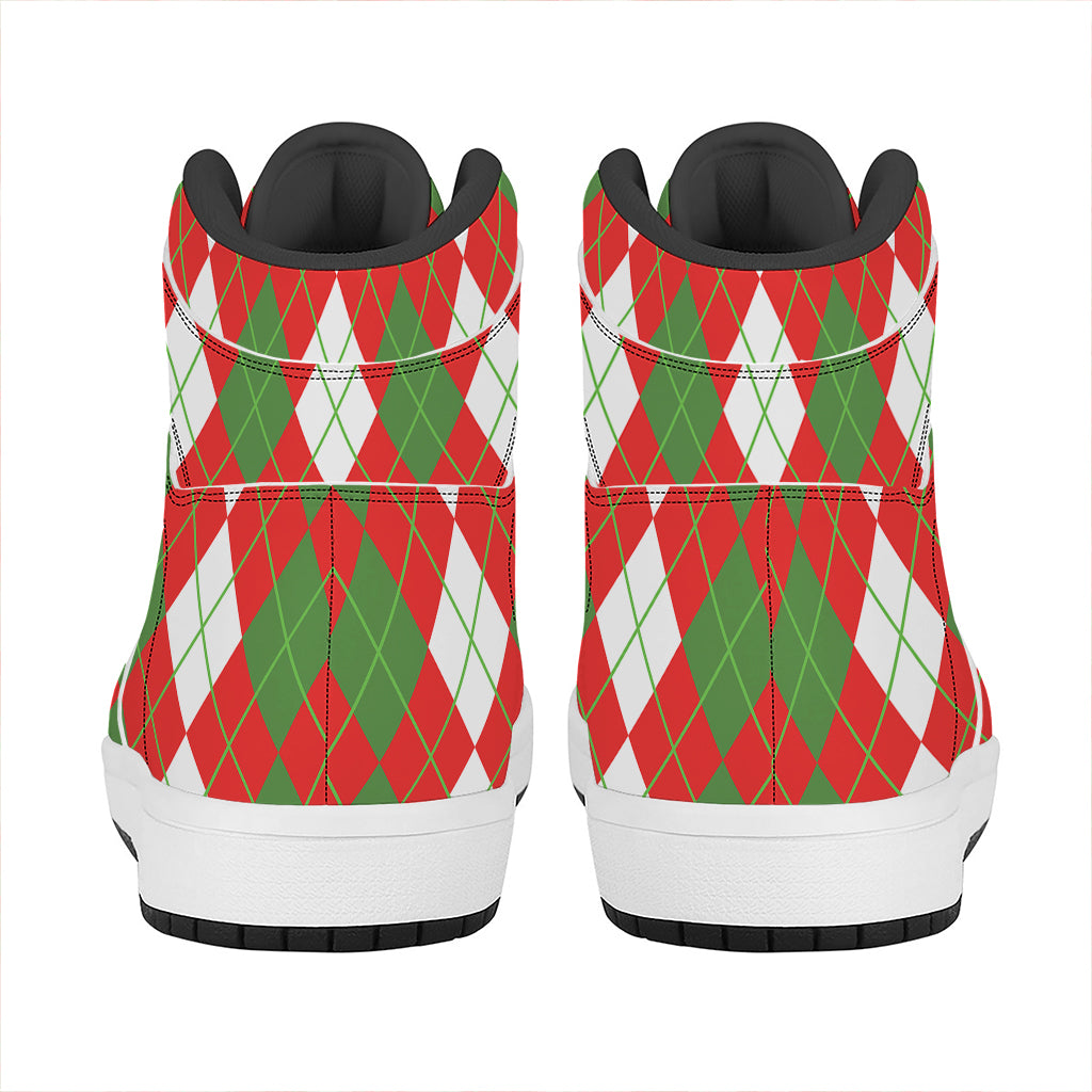 White Green And Red Argyle Pattern Print High Top Leather Sneakers