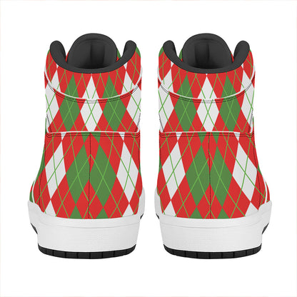 White Green And Red Argyle Pattern Print High Top Leather Sneakers
