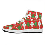 White Green And Red Argyle Pattern Print High Top Leather Sneakers