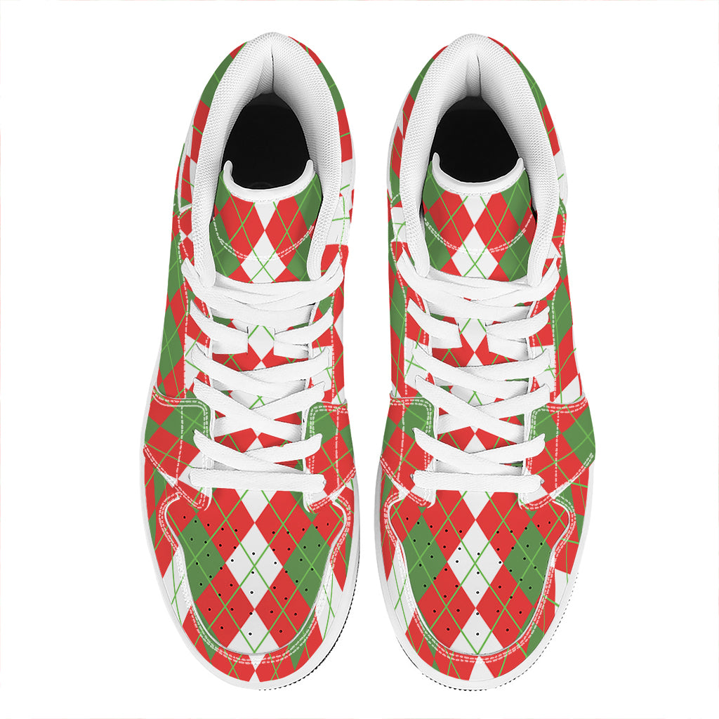 White Green And Red Argyle Pattern Print High Top Leather Sneakers
