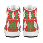 White Green And Red Argyle Pattern Print High Top Leather Sneakers