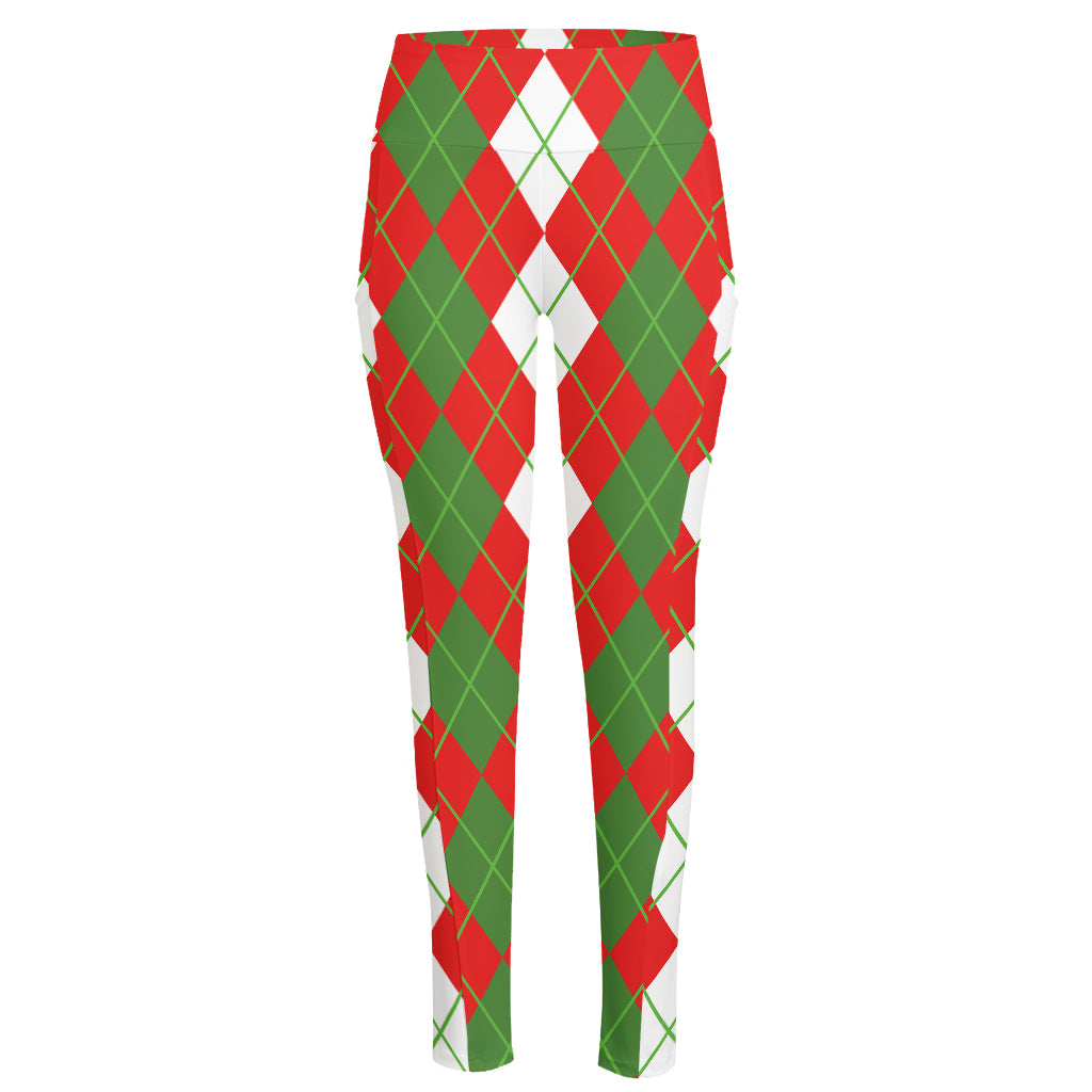 White Green And Red Argyle Pattern Print High-Waisted Pocket Leggings