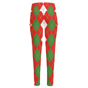 White Green And Red Argyle Pattern Print High-Waisted Pocket Leggings