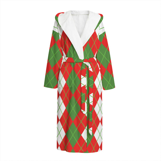 White Green And Red Argyle Pattern Print Hooded Bathrobe