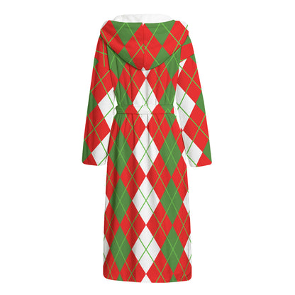 White Green And Red Argyle Pattern Print Hooded Bathrobe