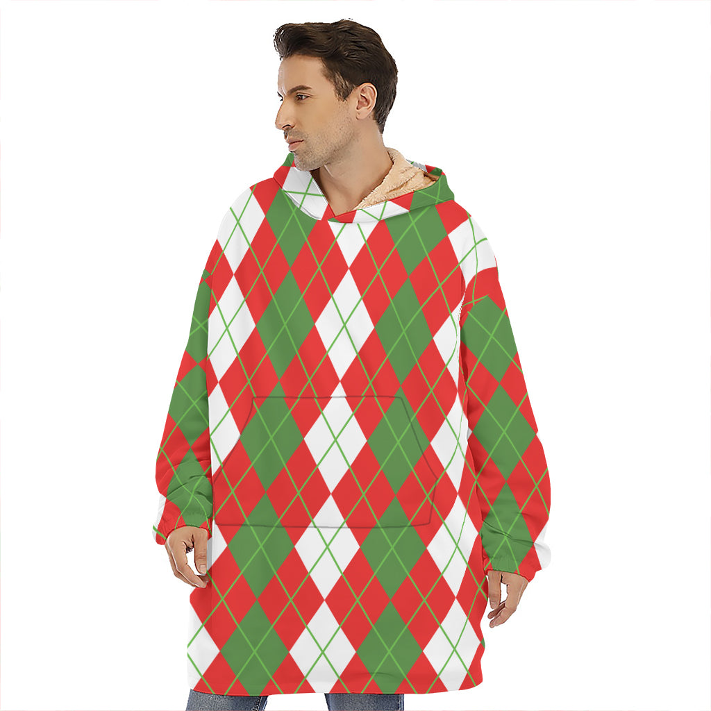 White Green And Red Argyle Pattern Print Hoodie Blanket