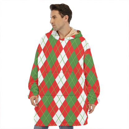 White Green And Red Argyle Pattern Print Hoodie Blanket