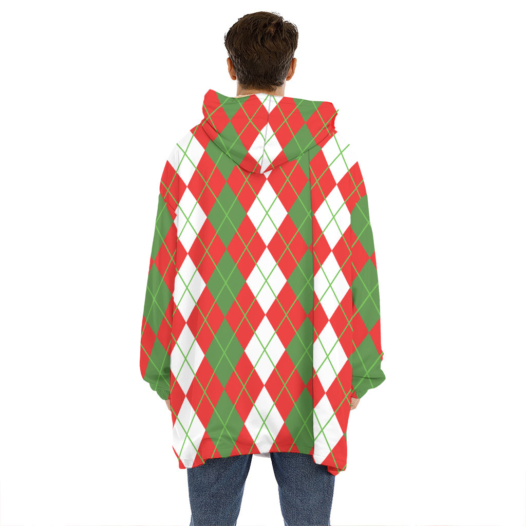 White Green And Red Argyle Pattern Print Hoodie Blanket