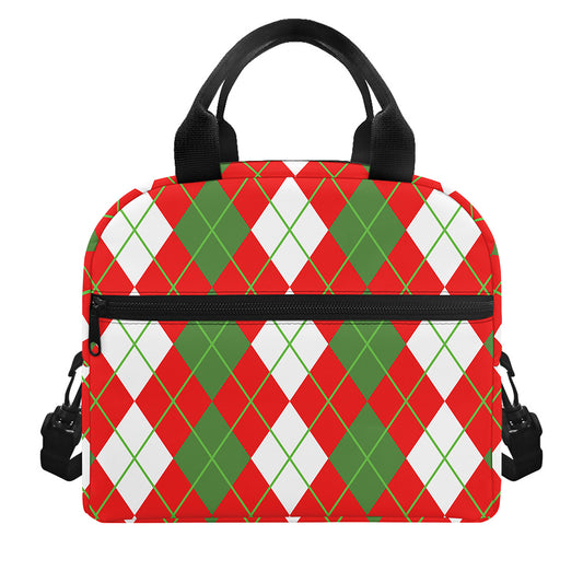White Green And Red Argyle Pattern Print Insulated Lunch Bag