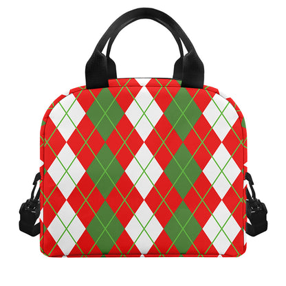White Green And Red Argyle Pattern Print Insulated Lunch Bag