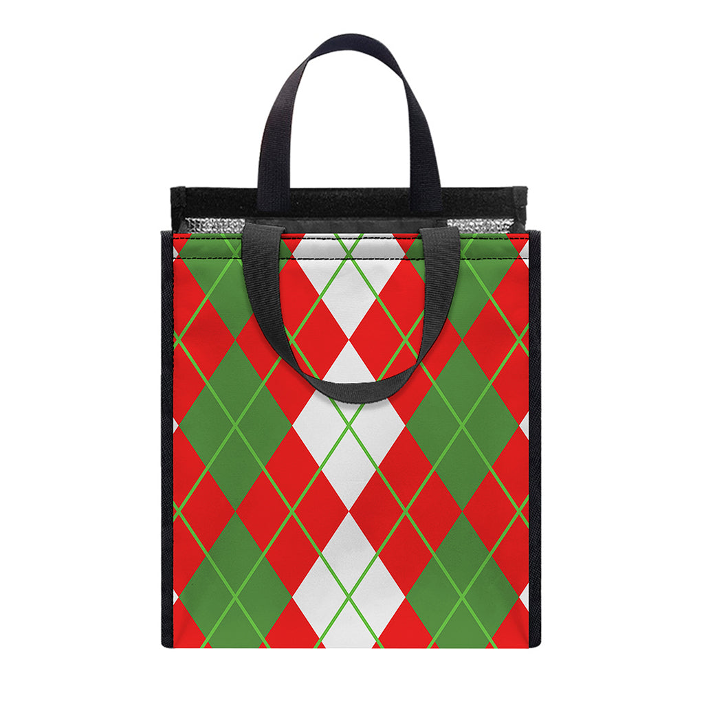 White Green And Red Argyle Pattern Print Insulated Lunch Tote