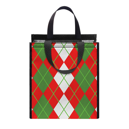 White Green And Red Argyle Pattern Print Insulated Lunch Tote
