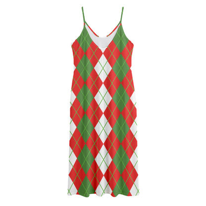 White Green And Red Argyle Pattern Print Jersey Midi Cami Dress