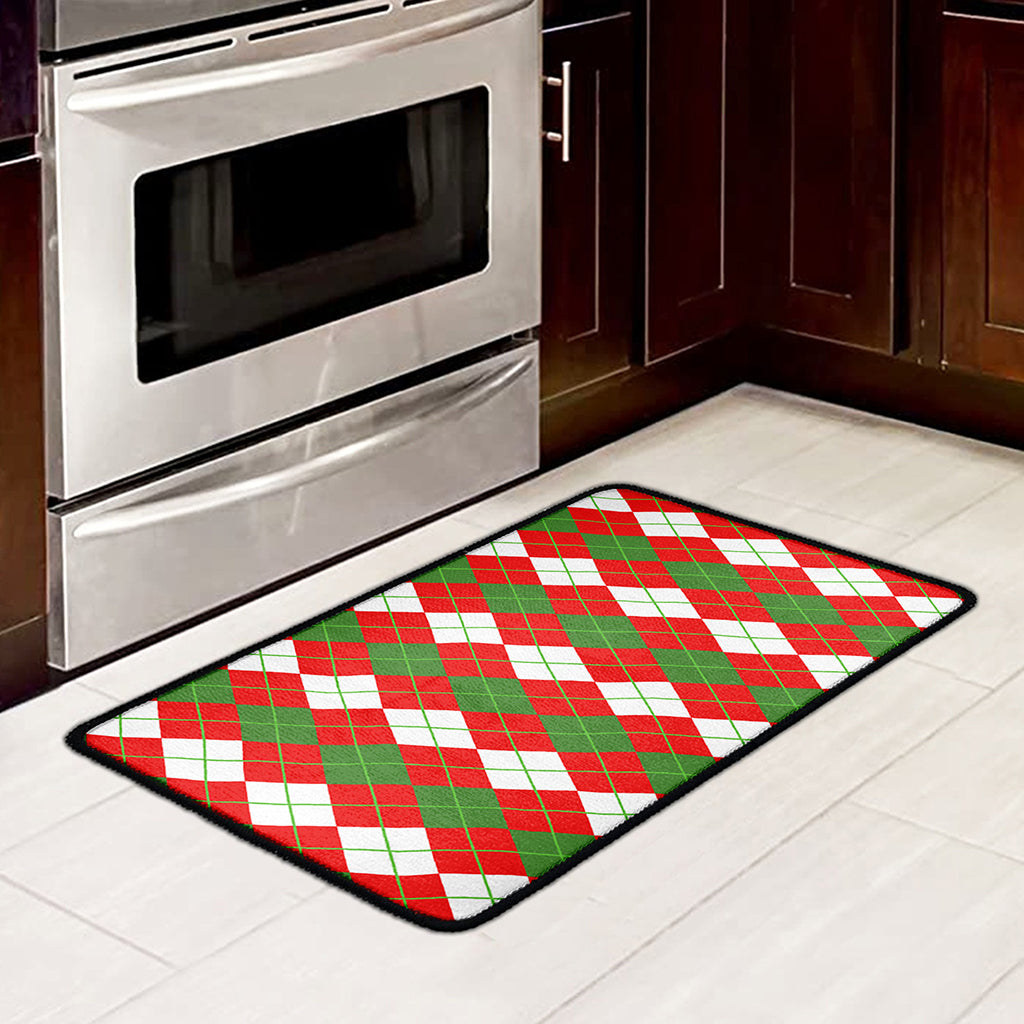 White Green And Red Argyle Pattern Print Kitchen Mat