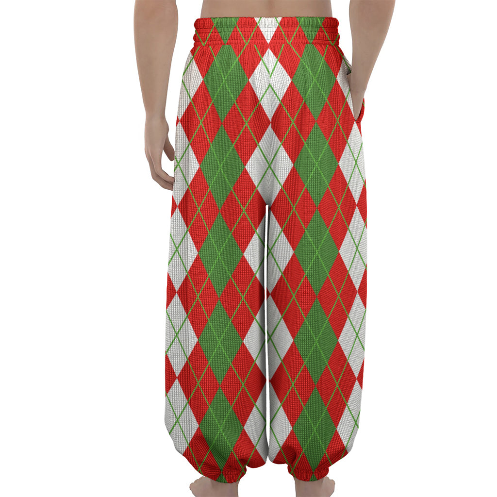 White Green And Red Argyle Pattern Print Lantern Pants