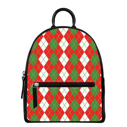 White Green And Red Argyle Pattern Print Leather Backpack