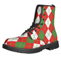 White Green And Red Argyle Pattern Print Lace-Up Boots