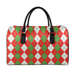 White Green And Red Argyle Pattern Print Leather Duffle Bag