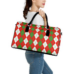 White Green And Red Argyle Pattern Print Leather Duffle Bag