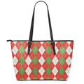 White Green And Red Argyle Pattern Print Leather Tote Bag With Zipper