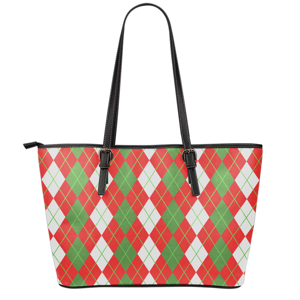 White Green And Red Argyle Pattern Print Leather Tote Bag