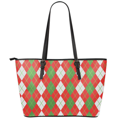 White Green And Red Argyle Pattern Print Leather Tote Bag
