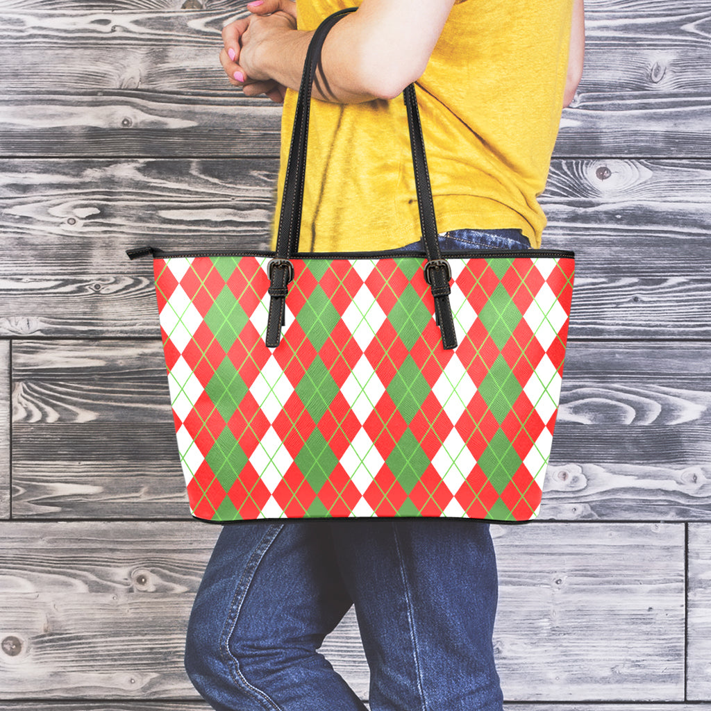 White Green And Red Argyle Pattern Print Leather Tote Bag