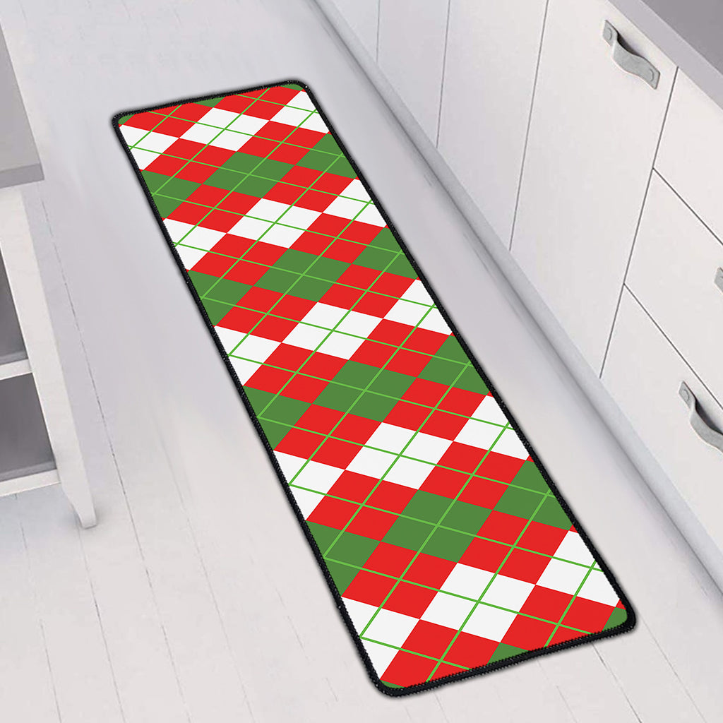 White Green And Red Argyle Pattern Print Long Kitchen Mat