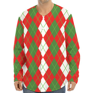 White Green And Red Argyle Pattern Print Long Sleeve Baseball Jersey