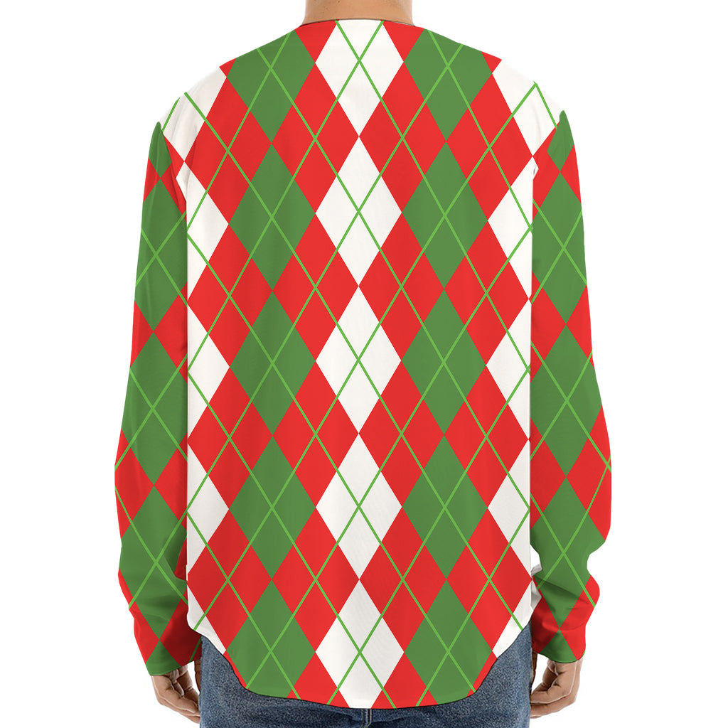 White Green And Red Argyle Pattern Print Long Sleeve Baseball Jersey