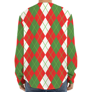 White Green And Red Argyle Pattern Print Long Sleeve Baseball Jersey