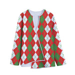 White Green And Red Argyle Pattern Print Long Sleeve Short Coat