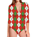 White Green And Red Argyle Pattern Print Long Sleeve Swimsuit