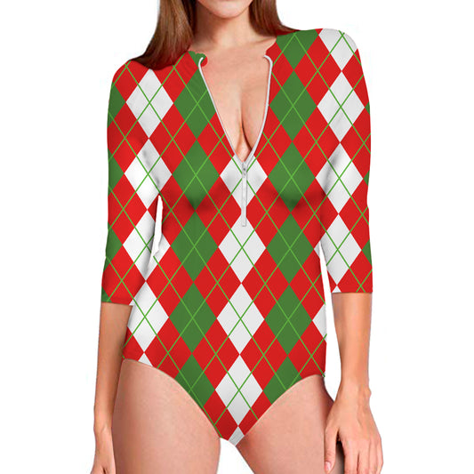 White Green And Red Argyle Pattern Print Long Sleeve Swimsuit