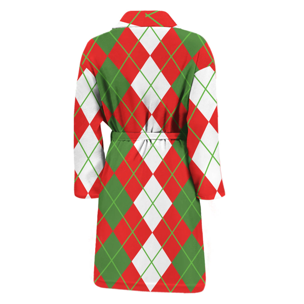 White Green And Red Argyle Pattern Print Men's Bathrobe