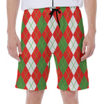 White Green And Red Argyle Pattern Print Men's Beach Shorts