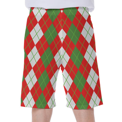 White Green And Red Argyle Pattern Print Men's Beach Shorts