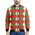 White Green And Red Argyle Pattern Print Men's Bomber Jacket