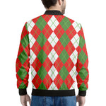 White Green And Red Argyle Pattern Print Men's Bomber Jacket