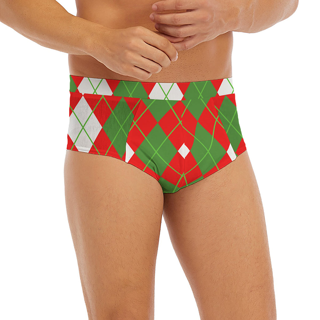 White Green And Red Argyle Pattern Print Men's Briefs