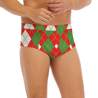 White Green And Red Argyle Pattern Print Men's Briefs