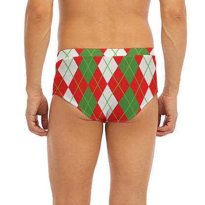 White Green And Red Argyle Pattern Print Men's Briefs