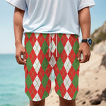 White Green And Red Argyle Pattern Print Men's Cargo Shorts