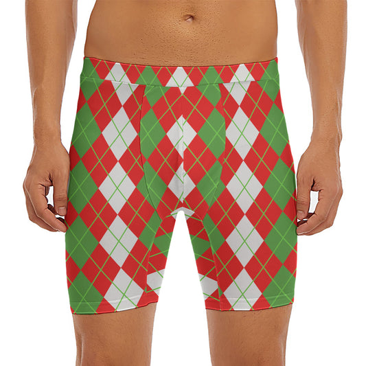 White Green And Red Argyle Pattern Print Men's Long Boxer Briefs