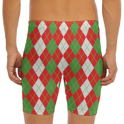 White Green And Red Argyle Pattern Print Men's Long Boxer Briefs