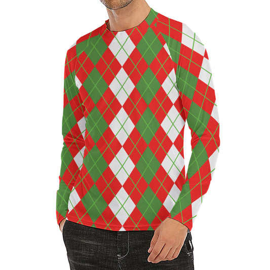 White Green And Red Argyle Pattern Print Men's Long Sleeve Rash Guard
