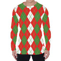 White Green And Red Argyle Pattern Print Men's Long Sleeve T-Shirt
